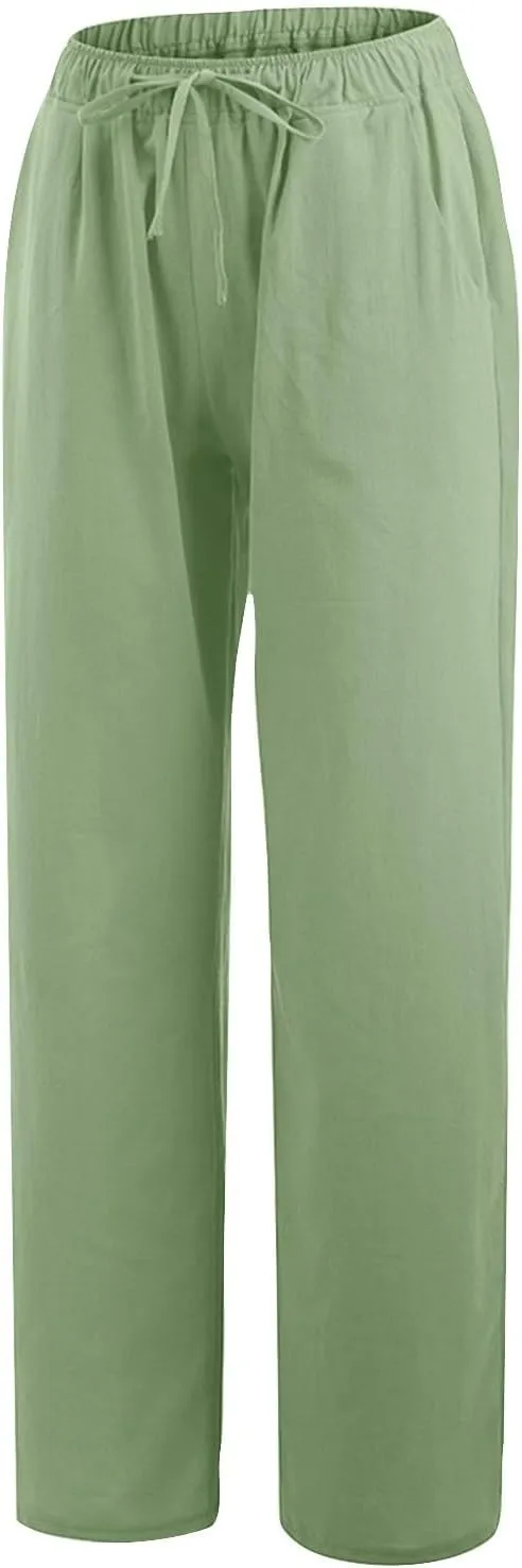 Linen Pants Women Summer Casual Drawstring Wide Leg Palazzo Pants Elastic Waist Cotton Lounge Trousers with Pockets