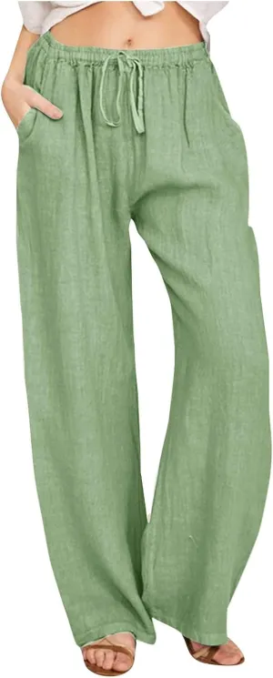 Linen Pants Women Summer Casual Drawstring Wide Leg Palazzo Pants Elastic Waist Cotton Lounge Trousers with Pockets