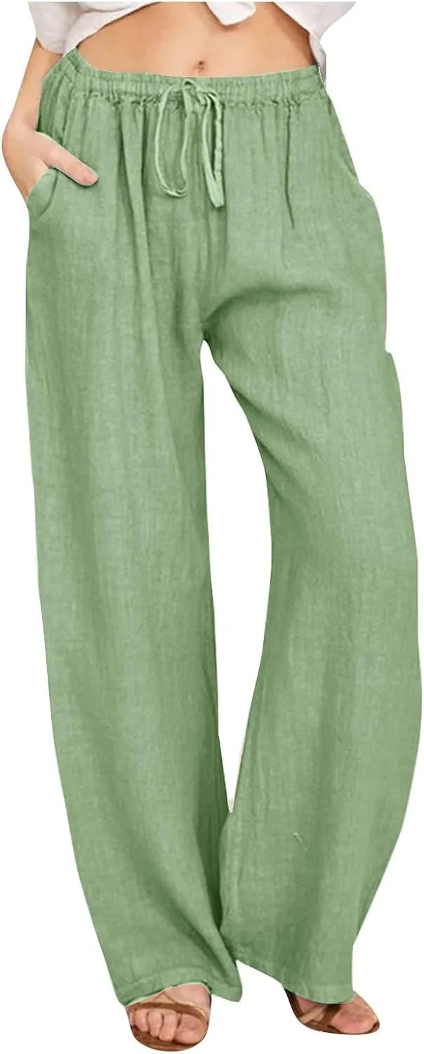 Linen Pants Women Summer Casual Drawstring Wide Leg Palazzo Pants Elastic Waist Cotton Lounge Trousers with Pockets
