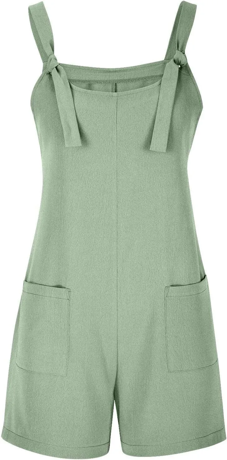 Linen Rompers for Women Overall Shorts with Pockets Shortalls Plus Size Adjustable Straps Short Jumpsuits Overalls