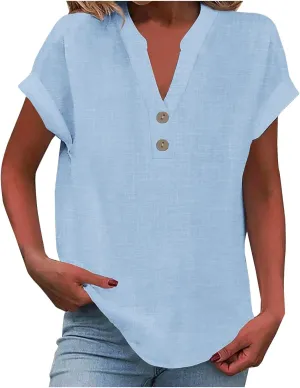 Linen Shirts for Women 2025 Summer Casual Button Down V Neck Short Sleeve Tops Comfy Trendy Business Work Blouses