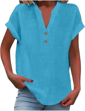 Linen Shirts for Women 2025 Summer Casual Button Down V Neck Short Sleeve Tops Comfy Trendy Business Work Blouses
