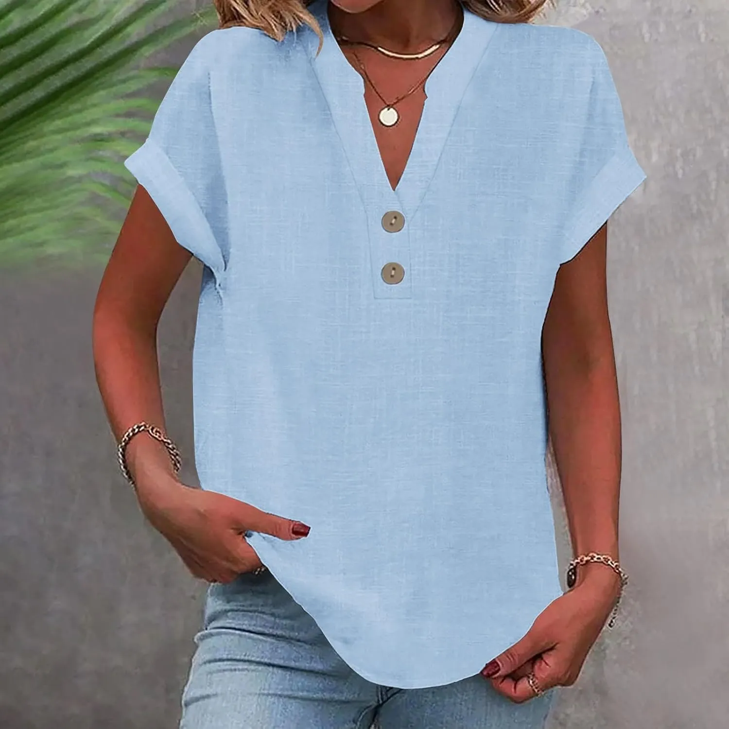 Linen Shirts for Women 2025 Summer Casual Button Down V Neck Short Sleeve Tops Comfy Trendy Business Work Blouses