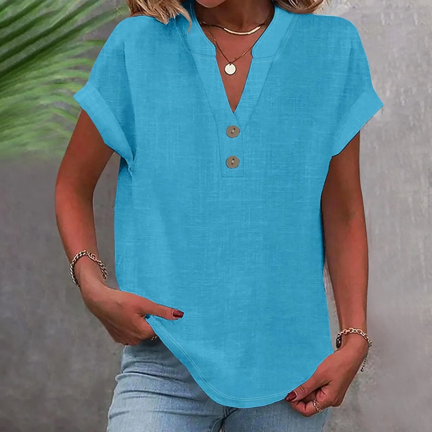 Linen Shirts for Women 2025 Summer Casual Button Down V Neck Short Sleeve Tops Comfy Trendy Business Work Blouses