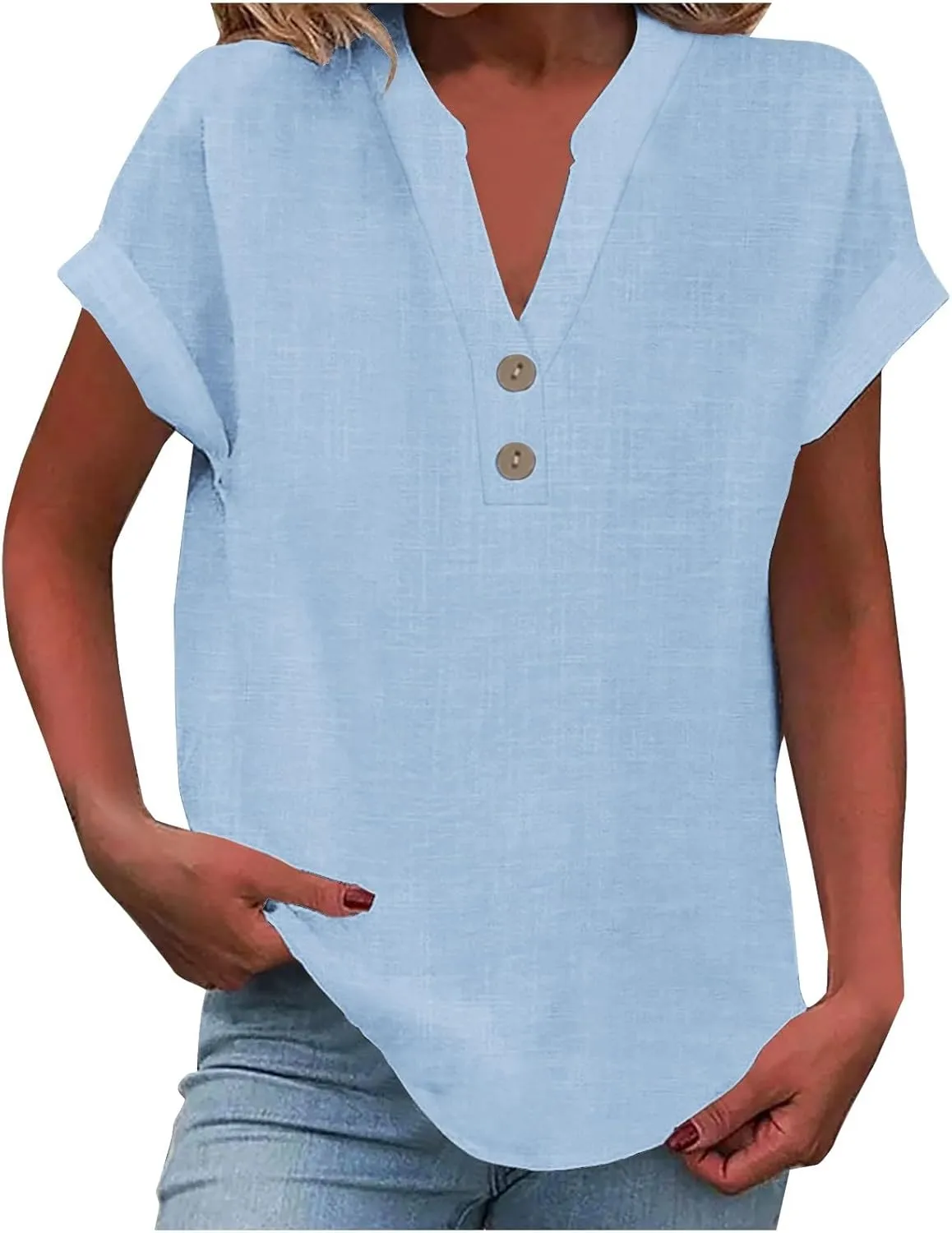 Linen Shirts for Women 2025 Summer Casual Button Down V Neck Short Sleeve Tops Comfy Trendy Business Work Blouses