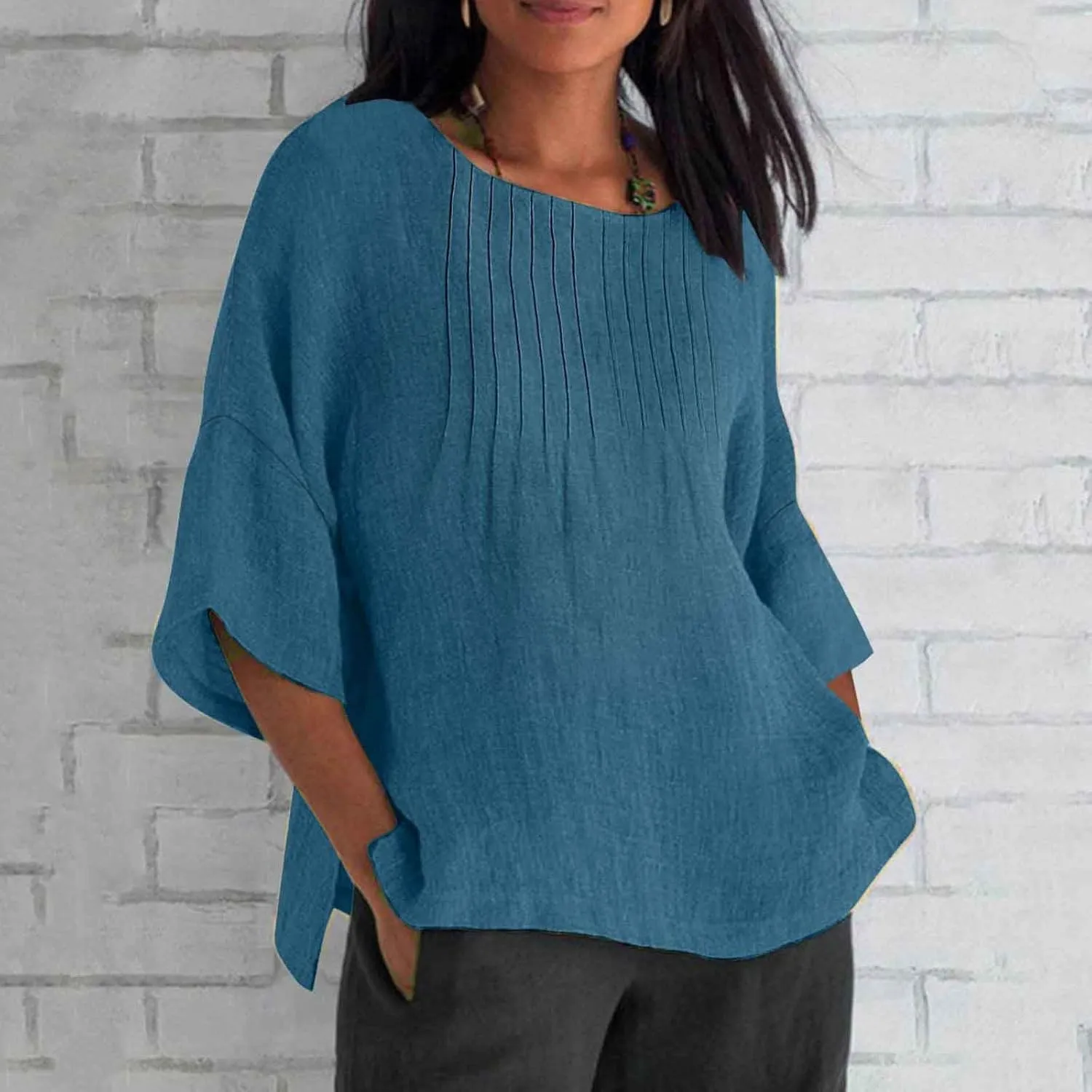 Linen Shirts for Women 2025 Trendy Summer 3/4 Sleeve Tops Dressy Casual Loose Boho Cute Blouses