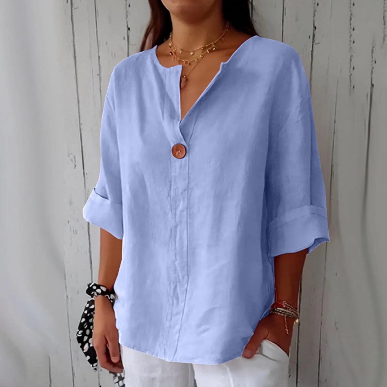 Linen Shirts for Women Button Down V Neck Solid Color 3/4 Sleeves Tops Casual Loose Fit 2025 Summer Fashion Blouses