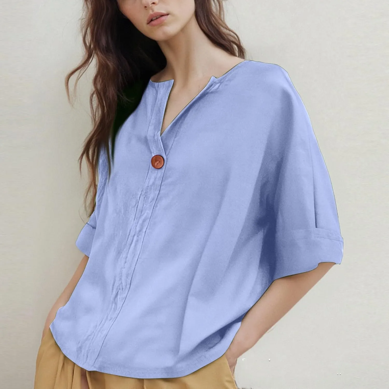 Linen Shirts for Women Button Down V Neck Solid Color 3/4 Sleeves Tops Casual Loose Fit 2025 Summer Fashion Blouses