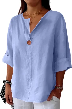 Linen Shirts for Women Button Down V Neck Solid Color 3/4 Sleeves Tops Casual Loose Fit 2025 Summer Fashion Blouses
