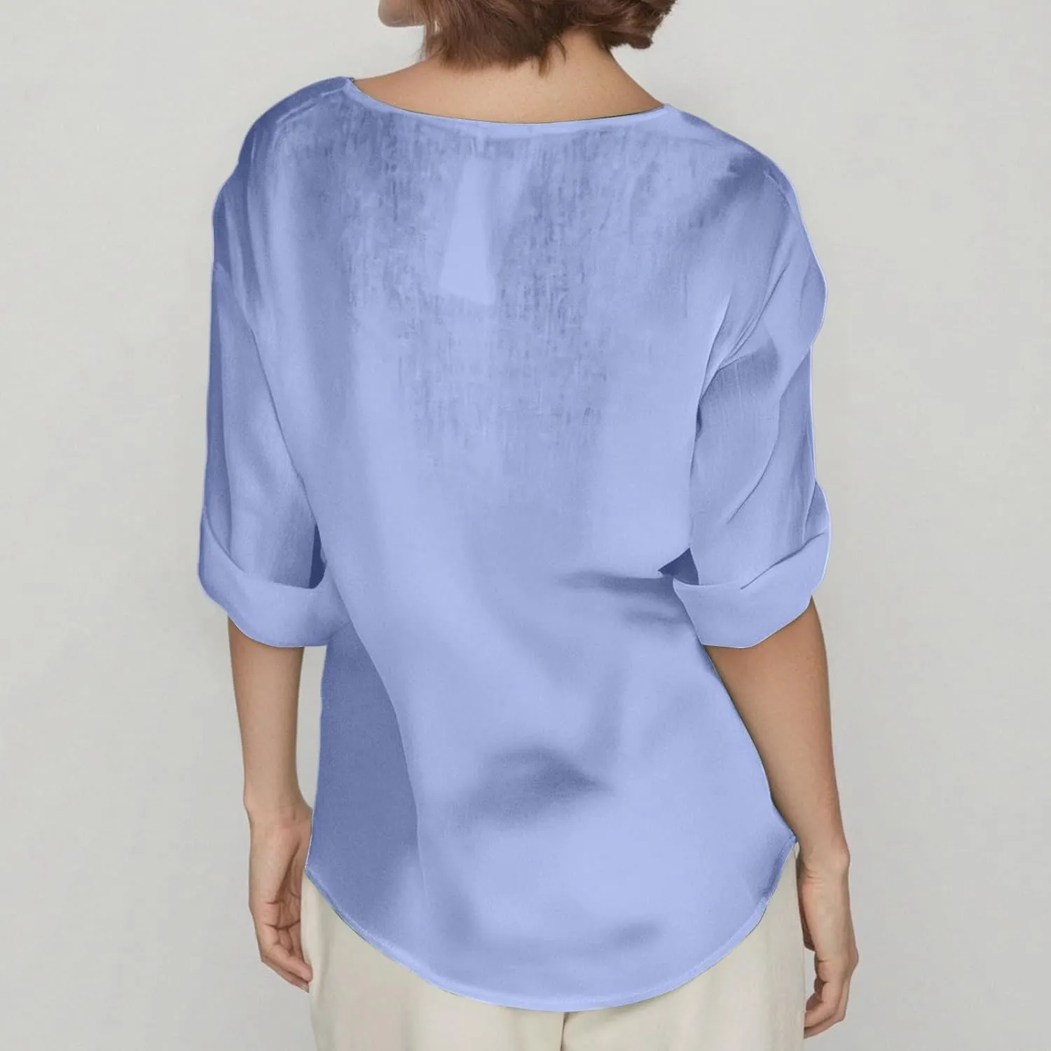 Linen Shirts for Women Button Down V Neck Solid Color 3/4 Sleeves Tops Casual Loose Fit 2025 Summer Fashion Blouses