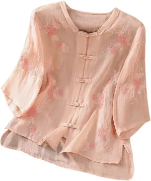 Linen Shirts for Women Crewneck Embroidery Blouse Boho Trendy Tops Short Sleeve Loose Fit Tunic Tops