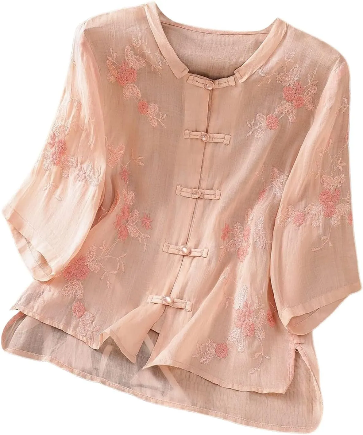 Linen Shirts for Women Crewneck Embroidery Blouse Boho Trendy Tops Short Sleeve Loose Fit Tunic Tops