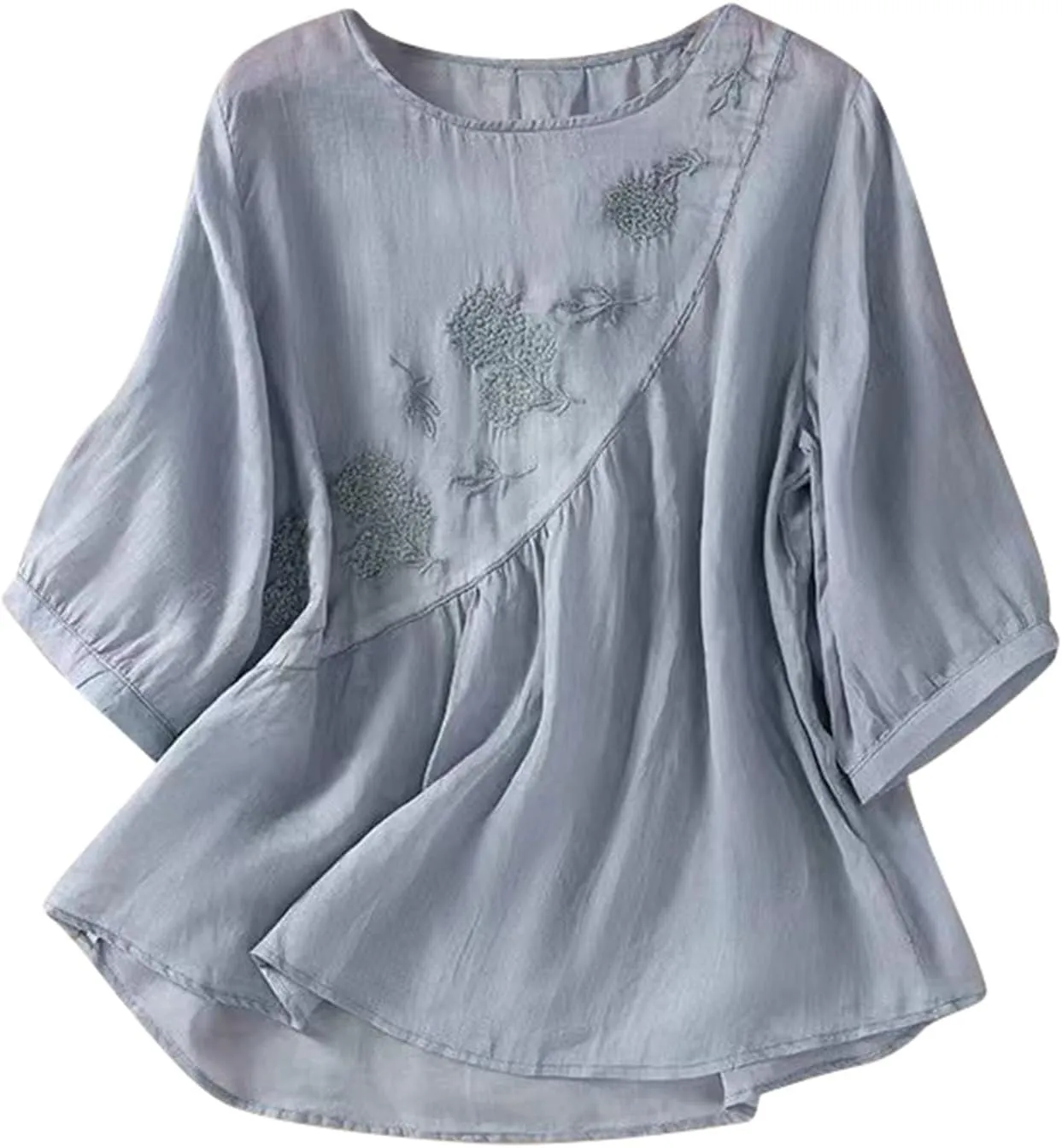 Linen Shirts for Women Crewneck Retro Blouses Boho Summer Tee Shirt Long Sleeve Loose Tunic Tops