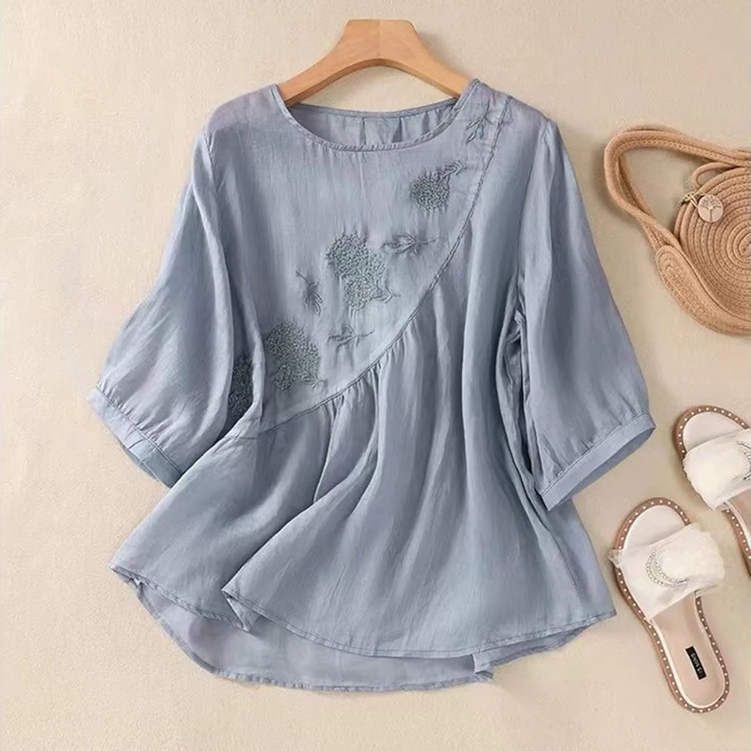 Linen Shirts for Women Crewneck Retro Blouses Boho Summer Tee Shirt Long Sleeve Loose Tunic Tops