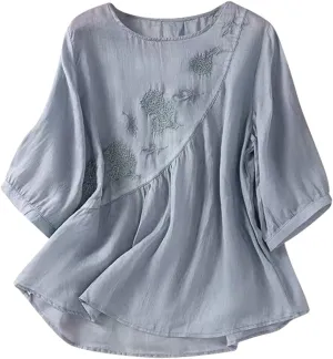 Linen Shirts for Women Crewneck Retro Blouses Boho Summer Tee Shirt Long Sleeve Loose Tunic Tops