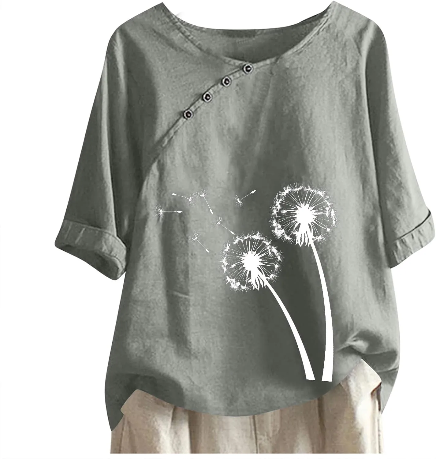 Linen Shirts for Women Dandelion Graphic Tee Summer Cotton Linen Shirts Boho Vacation Clothes Short Sleeve Fashion Top