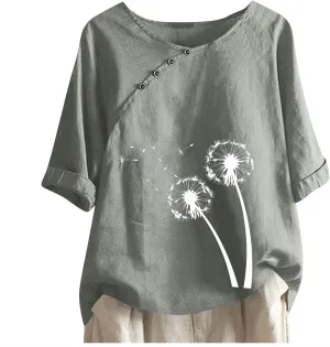 Linen Shirts for Women Dandelion Graphic Tee Summer Cotton Linen Shirts Boho Vacation Clothes Short Sleeve Fashion Top
