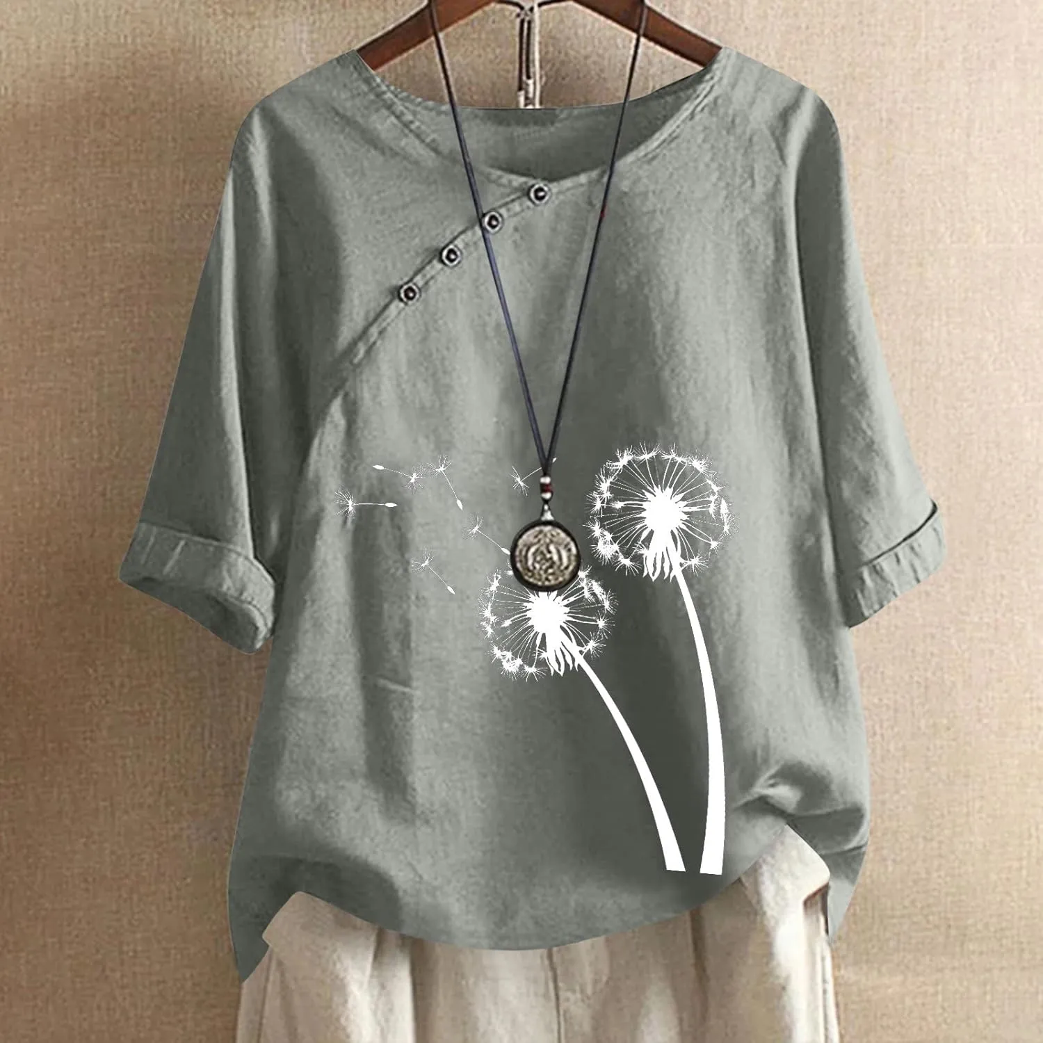 Linen Shirts for Women Dandelion Graphic Tee Summer Cotton Linen Shirts Boho Vacation Clothes Short Sleeve Fashion Top