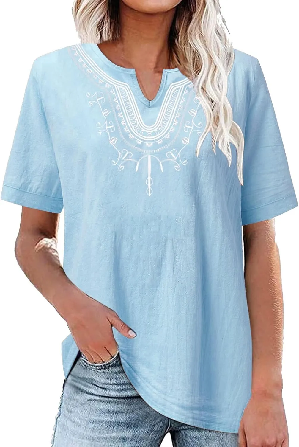 Linen Shirts for Women Embroidery V Neck Shirts Vintage Cotton Linen Tunic Tops Summer Trendy Blouses Tee Shirts Tops
