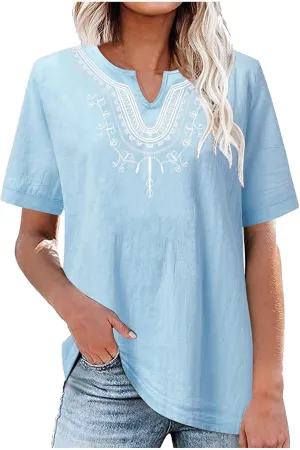 Linen Shirts for Women Embroidery V Neck Shirts Vintage Cotton Linen Tunic Tops Summer Trendy Blouses Tee Shirts Tops