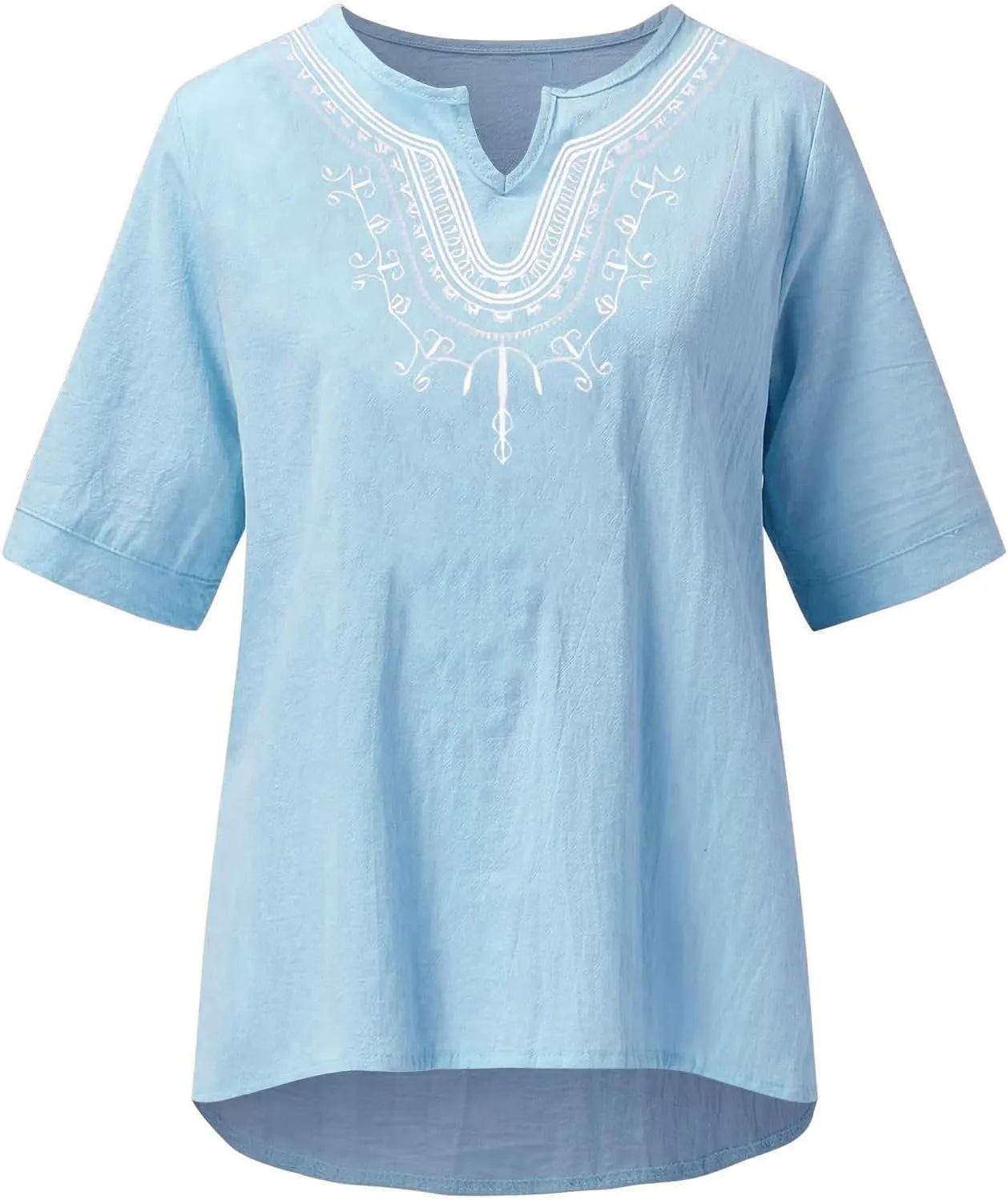 Linen Shirts for Women Embroidery V Neck Shirts Vintage Cotton Linen Tunic Tops Summer Trendy Blouses Tee Shirts Tops