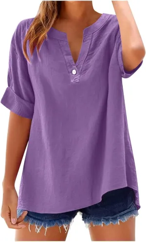 Linen Shirts for Women Solid V Neck Roll up Sleeve Tee Vacation Boho Summer Tops Vintage Beach Blouse Travel Clothes