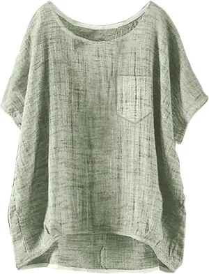 Linen Shirts for Women Summer 2025 Trendy Plus Size Crewneck Short Sleeve Cute Tops Casual Loose Fit Comfy Blouses