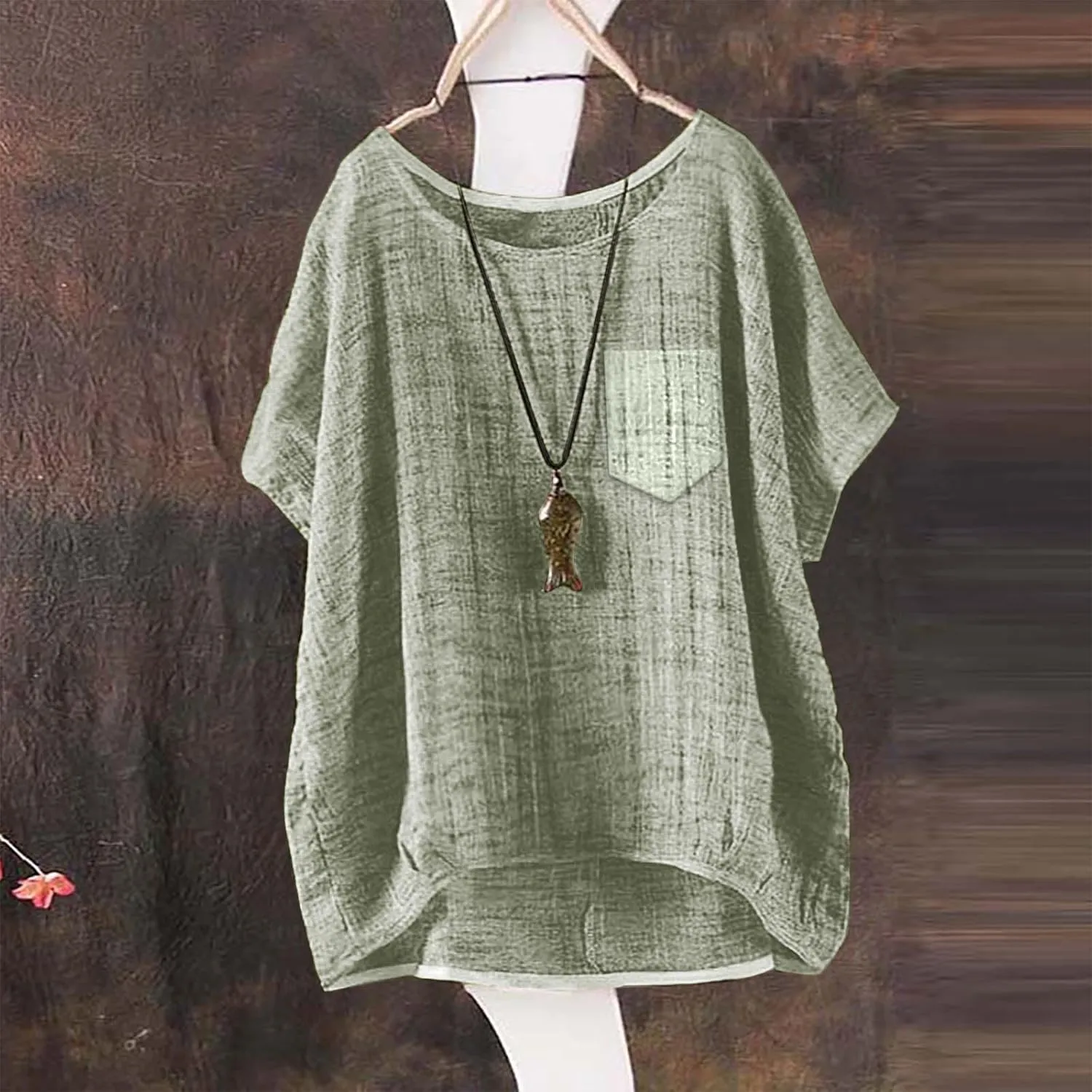 Linen Shirts for Women Summer 2025 Trendy Plus Size Crewneck Short Sleeve Cute Tops Casual Loose Fit Comfy Blouses