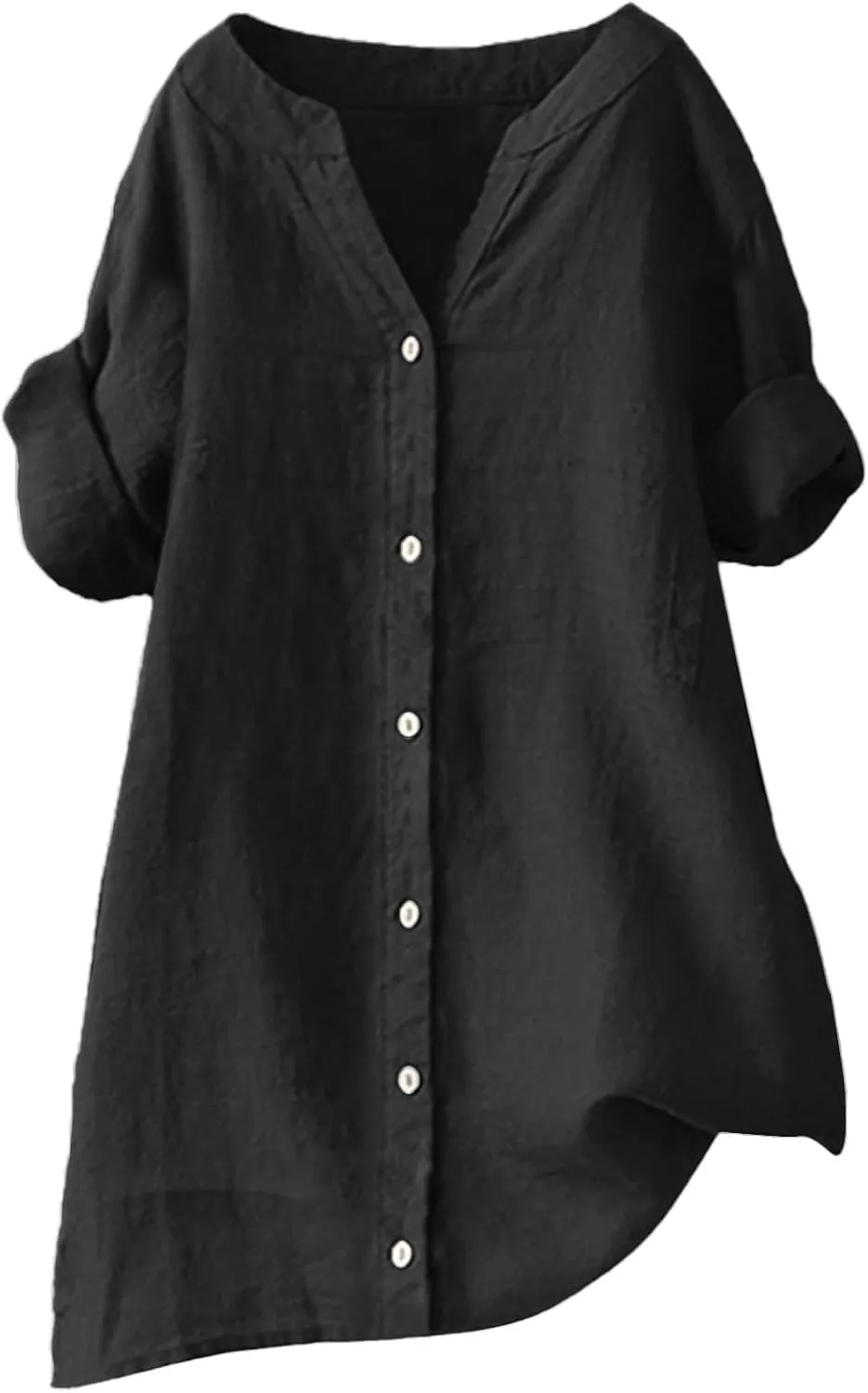 Linen Shirts for Women Womens Tops 3/4 Sleeve Button Down Shirts V Neck Solid Casual Tunic Blouses with Pocket