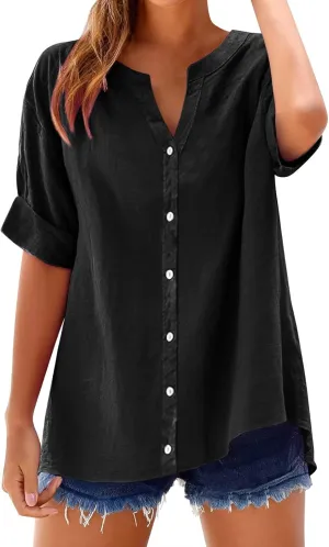 Linen Shirts for Women Womens Tops 3/4 Sleeve Button Down Shirts V Neck Solid Casual Tunic Blouses with Pocket