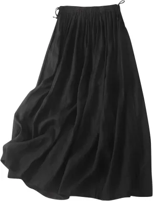 Linen Skirt Womens 2025 Summer Boho Midi Skirt Elastic High Waisted Flowy Swing A-Line Pleated Skirts