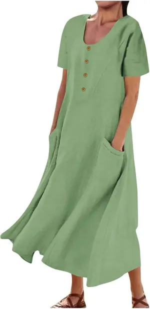 Linen Summer Dresses for Women Casual Crewneck Short Sleeve Maxi Sumdresses with Pockets Soft Boho Summer Outfits