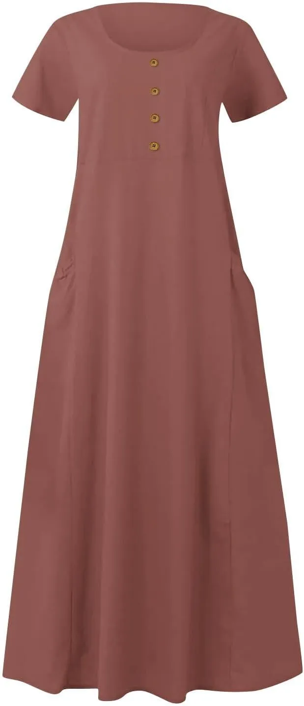 Linen Summer Dresses for Women Casual Crewneck Short Sleeve Maxi Sumdresses with Pockets Soft Boho Summer Outfits