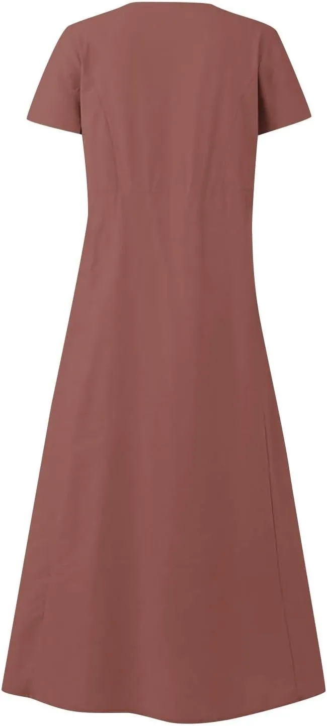 Linen Summer Dresses for Women Casual Crewneck Short Sleeve Maxi Sumdresses with Pockets Soft Boho Summer Outfits