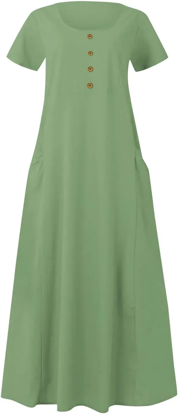 Linen Summer Dresses for Women Casual Crewneck Short Sleeve Maxi Sumdresses with Pockets Soft Boho Summer Outfits