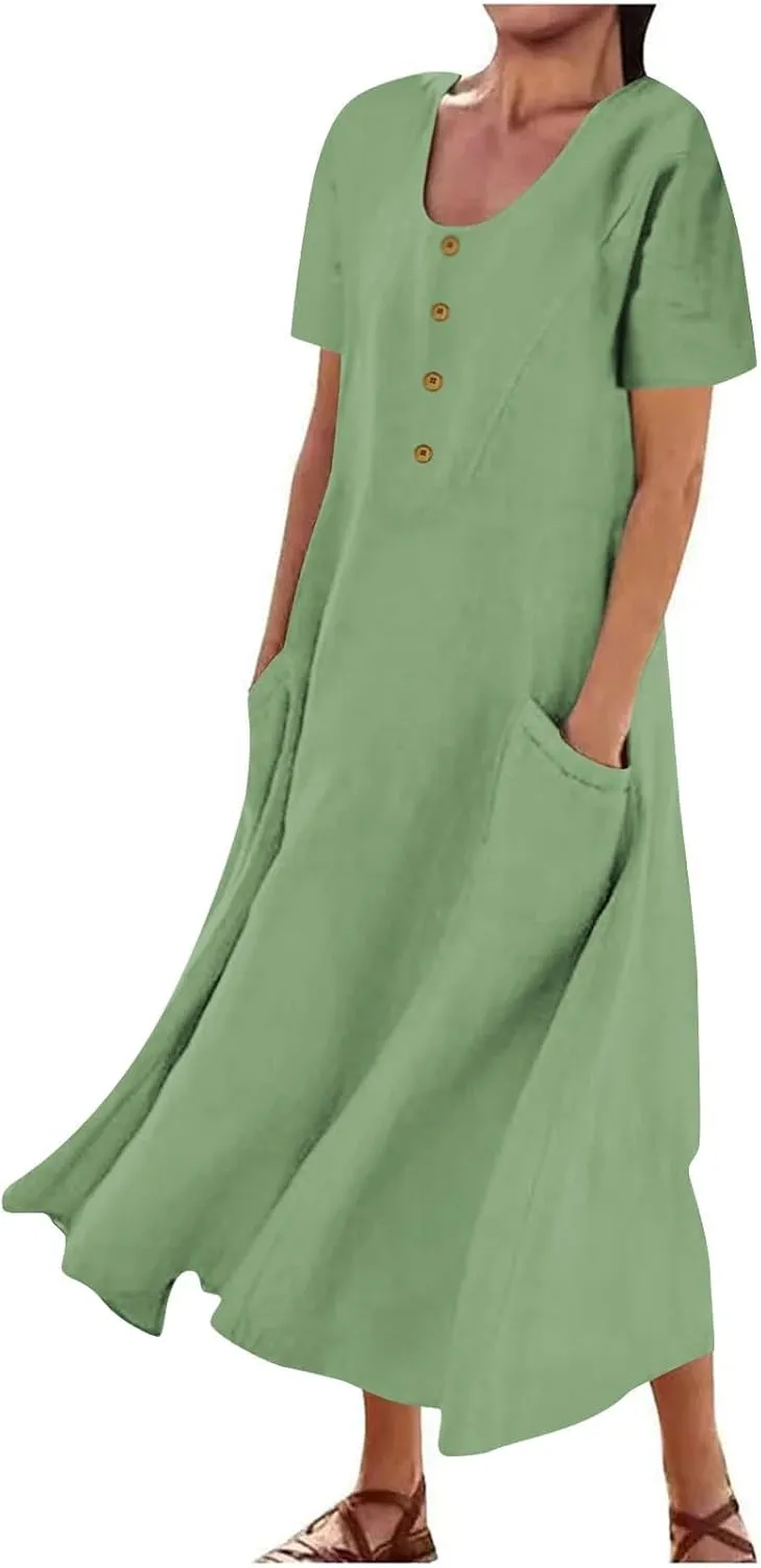 Linen Summer Dresses for Women Casual Crewneck Short Sleeve Maxi Sumdresses with Pockets Soft Boho Summer Outfits