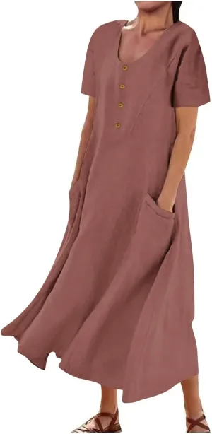 Linen Summer Dresses for Women Casual Crewneck Short Sleeve Maxi Sumdresses with Pockets Soft Boho Summer Outfits