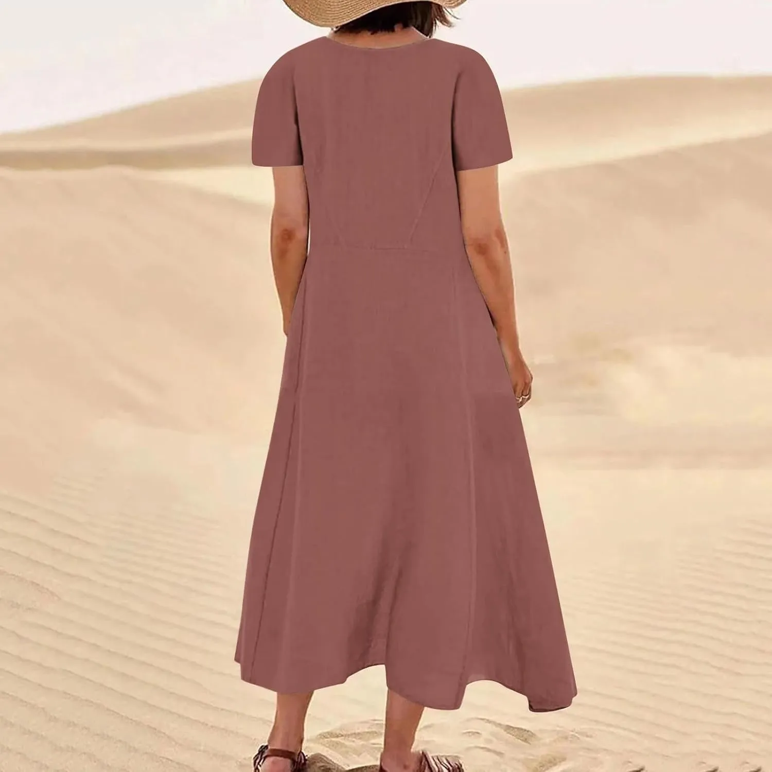 Linen Summer Dresses for Women Casual Crewneck Short Sleeve Maxi Sumdresses with Pockets Soft Boho Summer Outfits