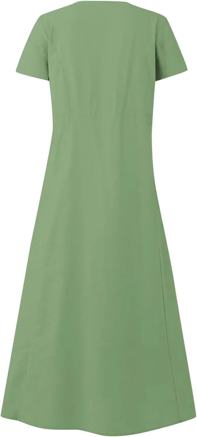 Linen Summer Dresses for Women Casual Crewneck Short Sleeve Maxi Sumdresses with Pockets Soft Boho Summer Outfits