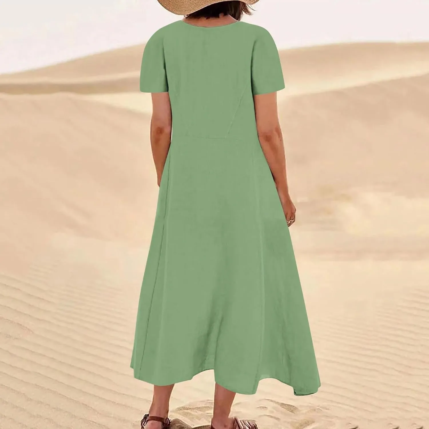 Linen Summer Dresses for Women Casual Crewneck Short Sleeve Maxi Sumdresses with Pockets Soft Boho Summer Outfits