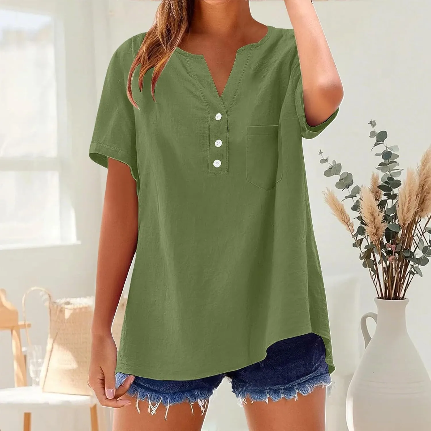 Linen Tops for Women 2025 Summer Trendy Short Sleeve Tshirts Workout Button Down Plus Size Cotton Linen Shirt