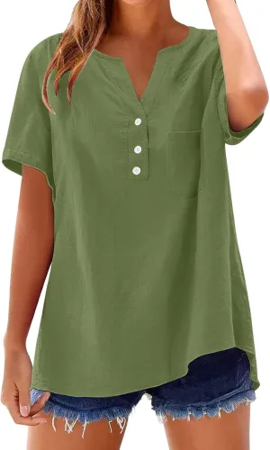 Linen Tops for Women 2025 Summer Trendy Short Sleeve Tshirts Workout Button Down Plus Size Cotton Linen Shirt