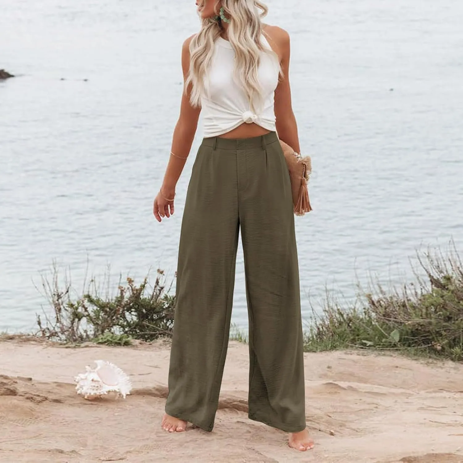 Linen Wide Leg Dress Pants Women Tummy Control Business Casual Pants with Pockets Lightweight Comfy Work Trousers