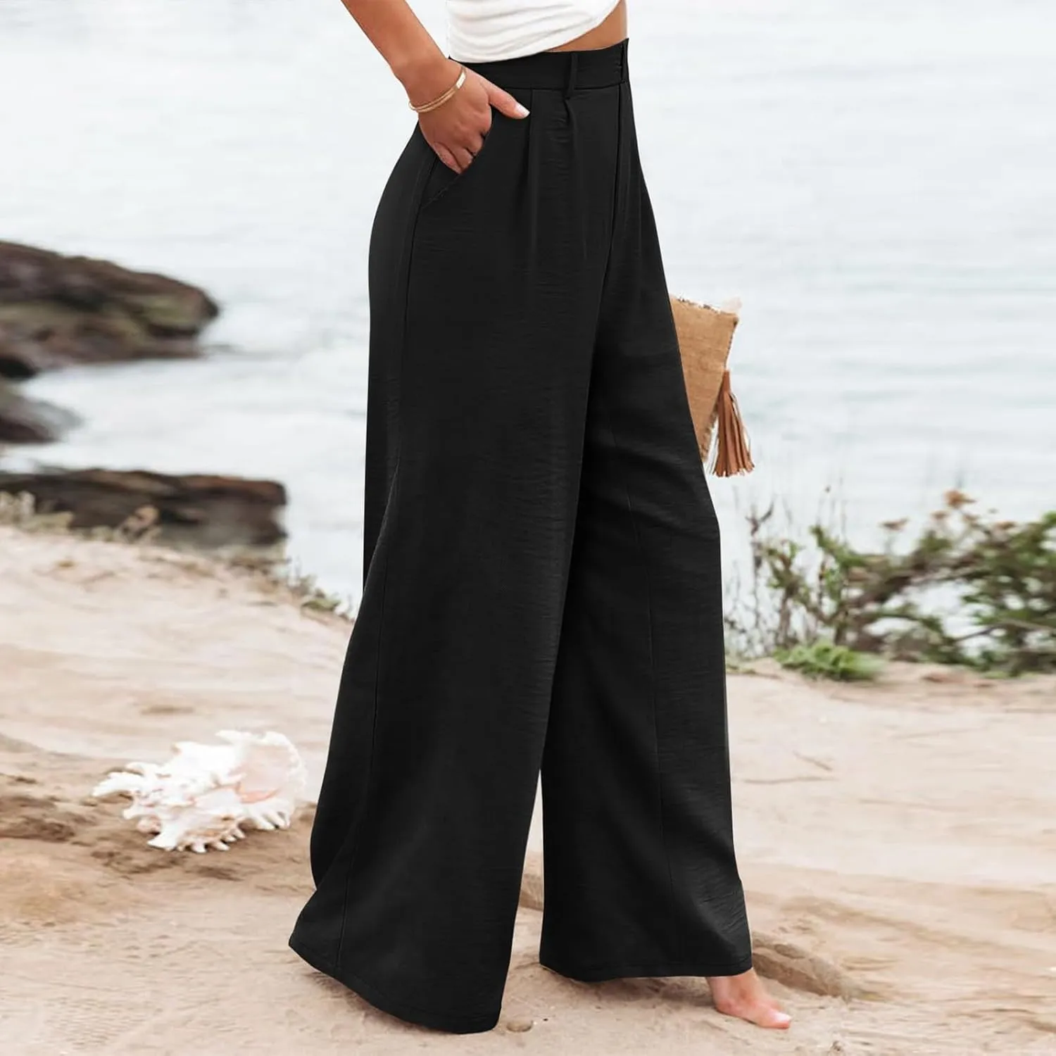 Linen Wide Leg Dress Pants Women Tummy Control Business Casual Pants with Pockets Lightweight Comfy Work Trousers