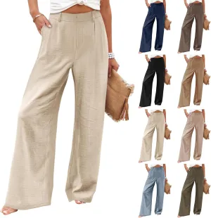 Linen Wide Leg Dress Pants Women Tummy Control Business Casual Pants with Pockets Lightweight Comfy Work Trousers