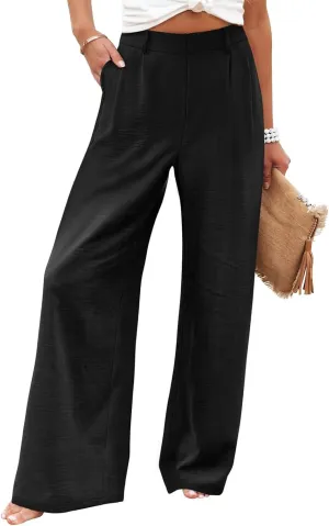 Linen Wide Leg Dress Pants Women Tummy Control Business Casual Pants with Pockets Lightweight Comfy Work Trousers