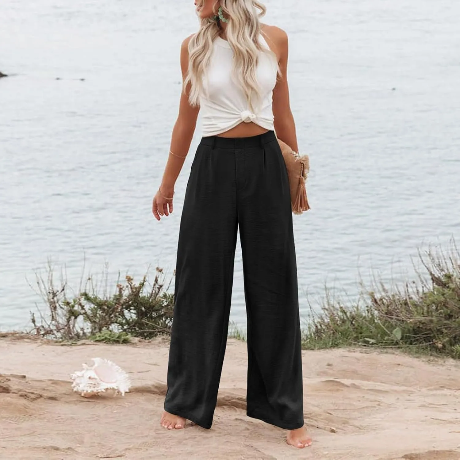 Linen Wide Leg Dress Pants Women Tummy Control Business Casual Pants with Pockets Lightweight Comfy Work Trousers