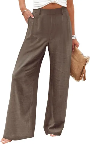 Linen Wide Leg Dress Pants Women Tummy Control Business Casual Pants with Pockets Lightweight Comfy Work Trousers