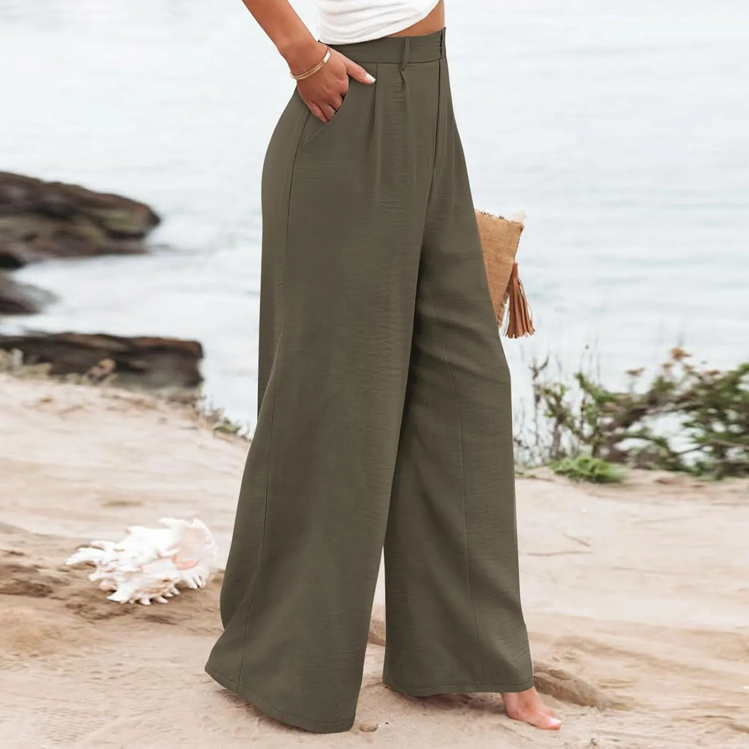 Linen Wide Leg Dress Pants Women Tummy Control Business Casual Pants with Pockets Lightweight Comfy Work Trousers