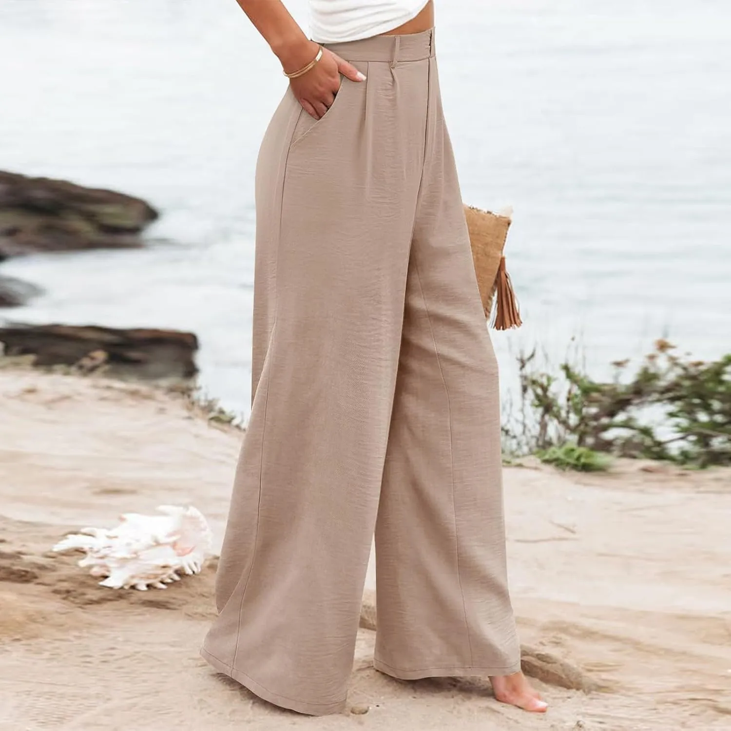 Linen Wide Leg Dress Pants Women Tummy Control Business Casual Pants with Pockets Lightweight Comfy Work Trousers